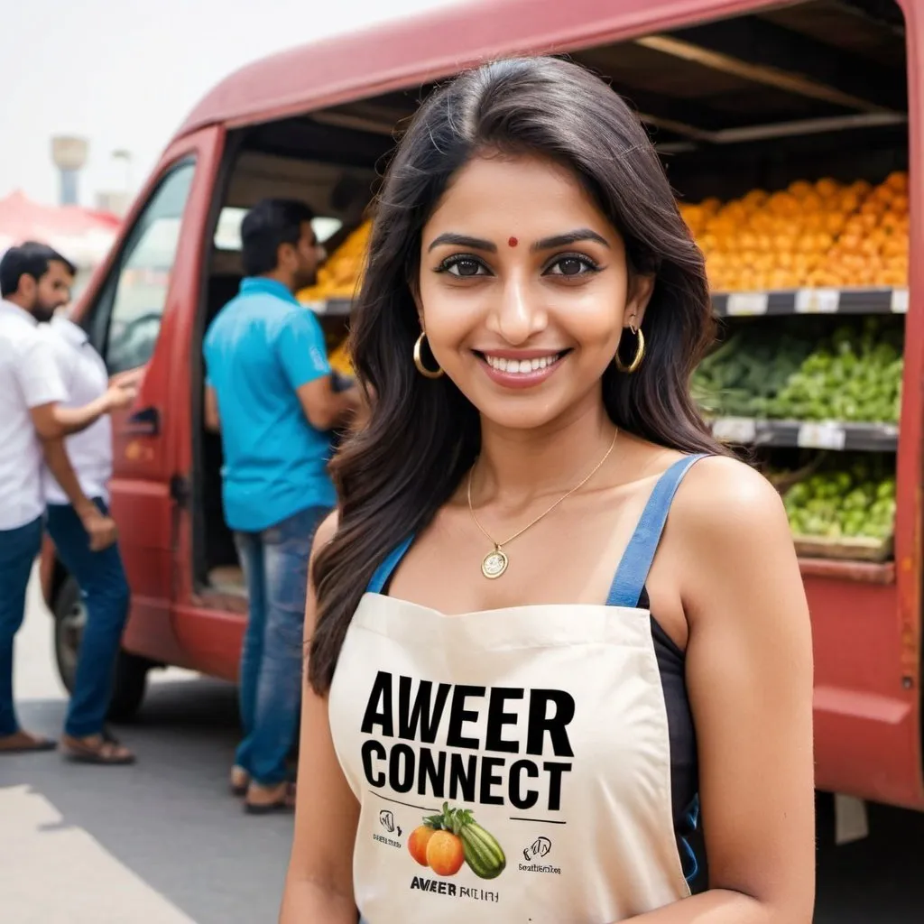 Prompt: a beautiful indian slim lady wearing a professional attire looking like a business owner . 'AWEER CONNECT' is printed on her dress. The background is a busy wholesale fresh fruits & vegetables market in dubai, united arab emirates. the indian lady is smiling. she has black hair and gold rings on her fingers.  The beautiful indian lady has a shopping bag in her hand. there is a truck in the image with the text ' AWEER CONNECT' painted on the side of the truck. the lady is wearing a badge ' AWEER CONNECT' 