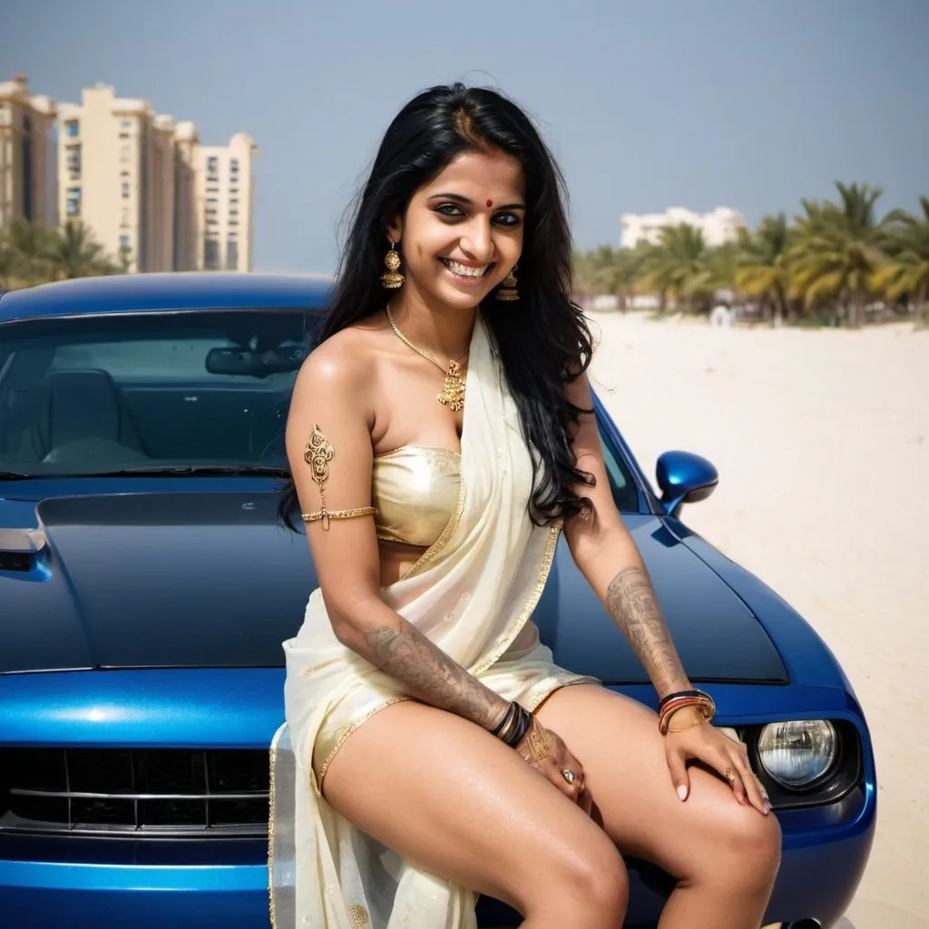 Prompt: A beautiful south indian girl. Slim body. Wearing a wet white transparent saree. She has black hair and a thin  gold chain around her neck with a thin cross. she has a tattoo TONY on her left hand. She has 5 rings on her finger and a thin gold chain around her arms. She has navel piercing. She has brown skin. her saree is not worn on top half  . Her legs are seen clearly. both her arms and her stomach is seen clearly. She is laughing. she is sitting on top of the bonnett of a dark blue dodge challenger sxt 2015 year car . . The background is a beach hotel in dubai. the girls dress is so transparent that her entire nody is seen 