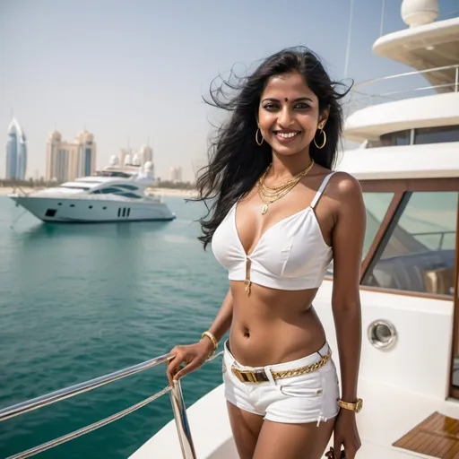 Prompt: A beautiful slim  mature south Indian lady with brown skin, black hair standing on a yacht in Dubai, United Arab Emirates with DJ playing in the background. Drinks with lobsters in the background on the yacht deck. Sea can be seen with other yachts also seen. It should look like Dubai. The lady is enjoying and smiling. Her hair is flying with the wind. She is wearing a transparent micro mini shorts and a short  transparent wet white top. Her stomach is seen clearly. She has a thin gold chain around her stomach. She has navel piercing. Burj Al Arab is behind her on the yacht. 