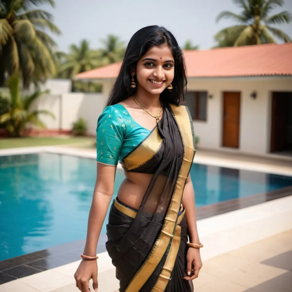 Prompt: Beautiful brown skin south indian girl with black hair and wearing blouse ( blouse is what you wear beneath a saree )covered in baby oil with smile standing by the swimming pool bending down and spreading her legs . 
