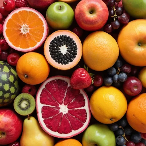 Prompt: A close-up photo of a vibrant assortment of seasonal fruits, showcasing their textures and colors in a visually appealing way. There is a text ' AWEER CONNECT' in this image.