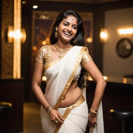 Prompt: Background is a night club in Dubai . There is a very  beautiful mature  south indian girl. slim body , brown skinned with a tattoo on both hands. She  has rings on her fingers, thin gold chain with a cross around her neck and a thin gold chain around her stomach. She has navel piercings.  She is  wearing a white wet saree so transparent that her body is seen clearly.  She is laughing. Her saree is open completely and saree is not worn on the upper half of the body . Her stomach and her legs  is seen clearly . She is  pulling her head a little back and towards the camera smiling .  .