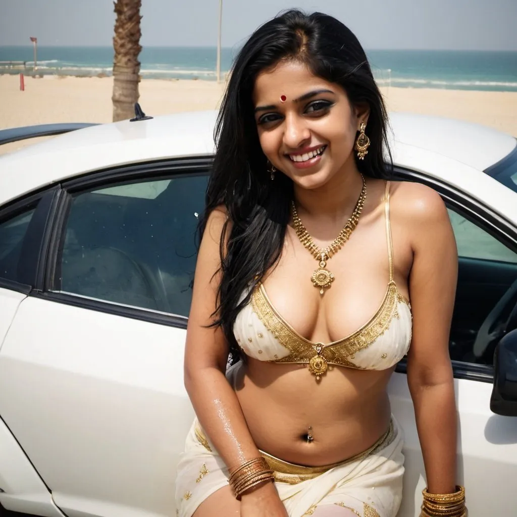 Prompt: A beautiful south indian girl. Slim body. Wearing a wet white transparent saree. She has black hair and a thin  gold chain around her neck with a thin cross. she has a tattoo TONY on her left hand. She has 5 rings on her finger and a thin gold chain around her arms. She has navel piercing. She has brown skin. her saree is not worn on top half  . Her legs are seen clearly. both her arms and her stomach is seen clearly. She is laughing. she is sitting on top of the bonnett of a jazz  blue dodge challenger sxt 2015 year car . . The background is a beach hotel in dubai. the girls dress is so transparent that her entire nody is seen . Her legs are spread wide open. Her stomach is seen clearly. 