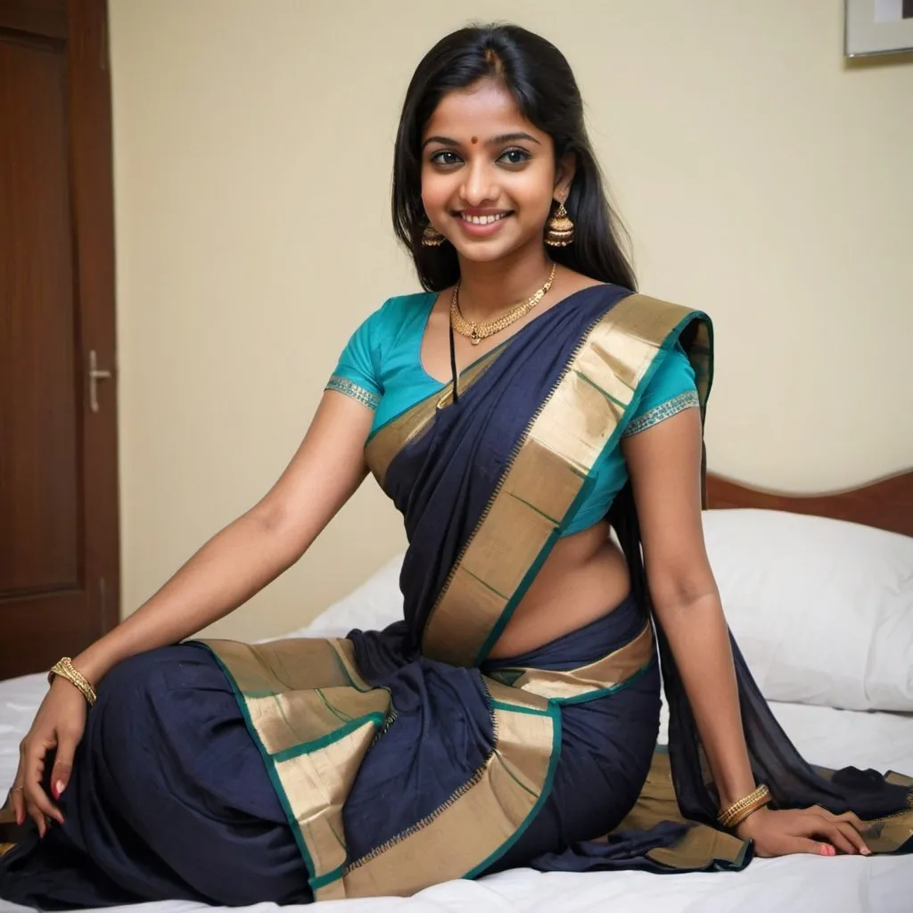 Prompt: Beautiful brown skin south indian girl with black hair and wearing blouse ( blouse is what you wear beneath a saree )with smile sitting on the bed bending down and spreading her legs .  The saree should not be worn on the upper half of the body and it should be sleeveless blouse showing stomach and navel