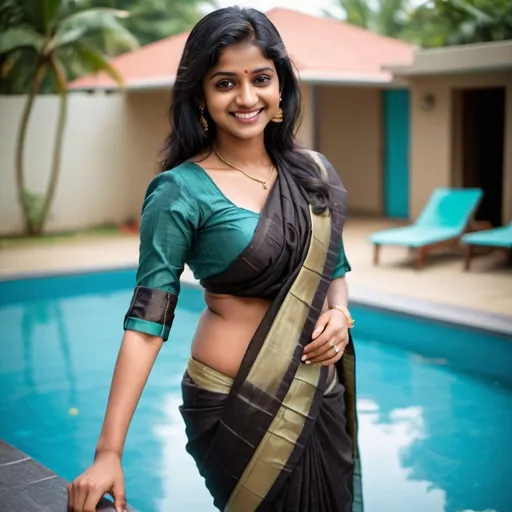 Prompt: Beautiful brown skin south indian girl with black hair and wearing blouse ( blouse is what you wear beneath a saree )covered in baby oil with smile standing by the swimming pool bending down and spreading her legs . 