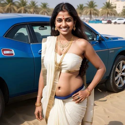 Prompt: Background is a beach club in Dubai . There is a very  beautiful mature  south indian girl. slim body , brown skinned with a tattoo on both hands. She  has rings on her fingers, thin gold chain with a cross around her neck and a thin gold chain around her stomach. She has navel piercings.  She is  wearing a white wet saree so transparent that her body is seen clearly. She is  leaning on a dark blue dodge challenger 2015 model sxt plus car whose door is open.  She is laughing. Her saree is open completely and saree is not worn on the upper half of the body . Her stomach and her legs  is seen clearly . She is  pulling her head a little back and towards the camera smiling .  .