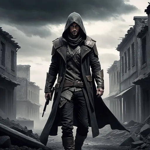 Prompt: 36 years old male human ranger, (accidented face), (dark cloak), (hood), misc-dystopian style, muted color scheme, grim ambiance, desolate background, faint silhouettes of ruined buildings, soft light filtering through clouds, sharp contrasts, a sense of mystery and survival, ultra-detailed, cinematic atmosphere, rugged terrain, layered textures, ethereal shadows.