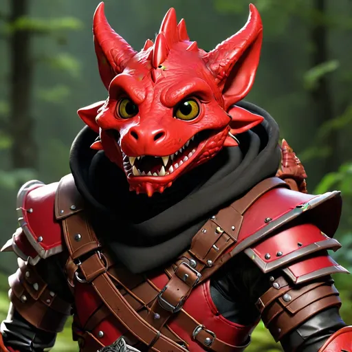 Prompt: a red kobold ranger, black hood, in a leather armor