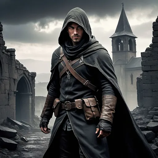 Prompt: 36 years old male human ranger, (scarred face), (dark cloak), (hood), misc-dystopian style, muted color scheme, grim ambiance, desolate background, faint silhouettes of ruined medieval buildings, soft light filtering through clouds, sharp contrasts, a sense of mystery and survival, ultra-detailed, cinematic atmosphere, rugged terrain, layered textures, ethereal shadows.