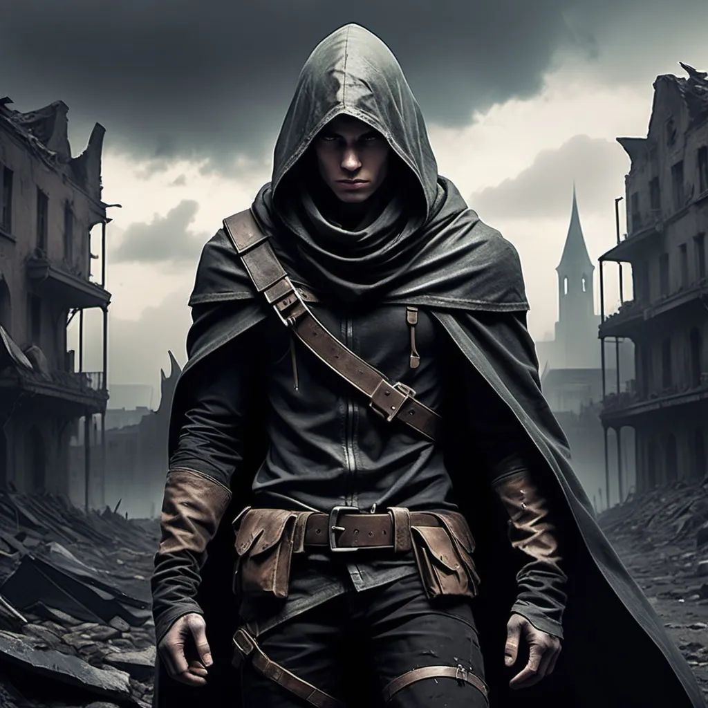 Prompt: male human ranger, (accidented face), (dark cloak), (hood), misc-dystopian style, muted color scheme, grim ambiance, desolate background, faint silhouettes of ruined buildings, soft light filtering through clouds, sharp contrasts, a sense of mystery and survival, ultra-detailed, cinematic atmosphere, rugged terrain, layered textures, ethereal shadows.