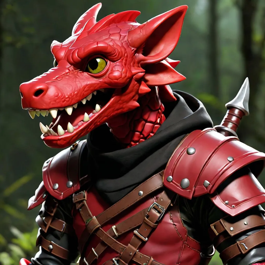 Prompt: a red kobold ranger, black hood, in a leather armor