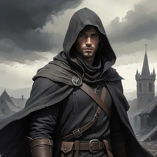 Prompt: (detailed sketch)36 years old male human ranger, (dark clothes),(scarred face), (dark cloak), (hood), misc-dystopian style, muted color scheme, grim ambiance, desolate background, faint silhouettes of ruined medieval buildings, soft light filtering through clouds, sharp contrasts, a sense of mystery and survival, ultra-detailed, cinematic atmosphere, rugged terrain, layered textures, ethereal shadows.