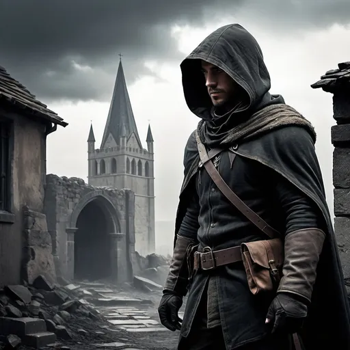 Prompt: 36 years old male human ranger, (scarred face), (dark cloak), (hood), misc-dystopian style, muted color scheme, grim ambiance, desolate background, faint silhouettes of ruined medieval buildings, soft light filtering through clouds, sharp contrasts, a sense of mystery and survival, ultra-detailed, cinematic atmosphere, rugged terrain, layered textures, ethereal shadows.