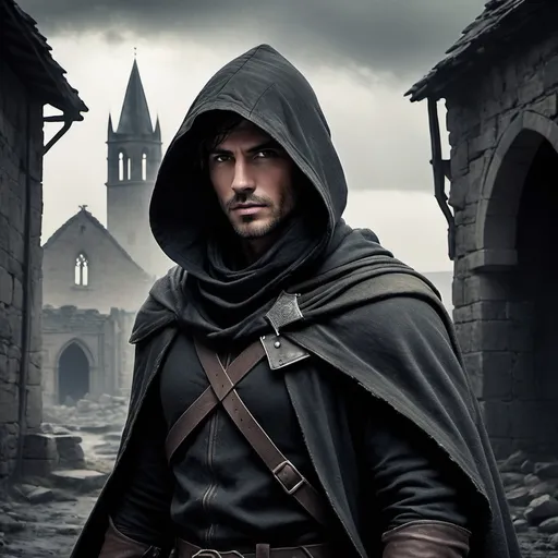 Prompt: 36 years old male human ranger, (accidented face), (dark cloak), (hood), misc-dystopian style, muted color scheme, grim ambiance, desolate background, faint silhouettes of ruined medieval buildings, soft light filtering through clouds, sharp contrasts, a sense of mystery and survival, ultra-detailed, cinematic atmosphere, rugged terrain, layered textures, ethereal shadows.