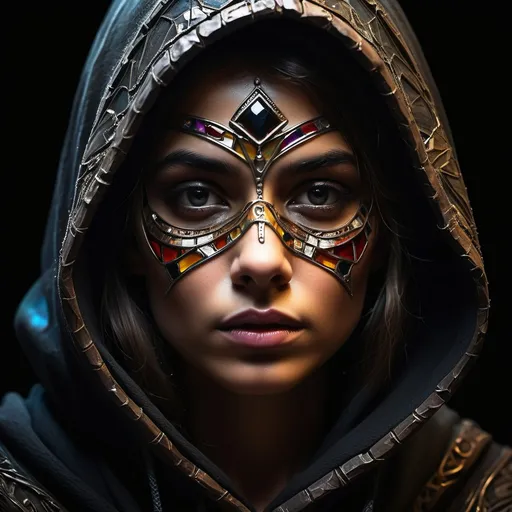 Prompt: (misc-stained glass style), wild humna face with stubble, dark cloak and hood, dark color scheme, textured glass elements, intricate patterns, ethereal lighting, dramatic shadows, raw and intense features, captivating gaze, mysterious ambiance, contrasting colors, detailed craftsmanship, stoic pose, artistic expression, haunting beauty, visually striking arrangement, high quality, ultra-detailed craftsmanship, evocative atmosphere.