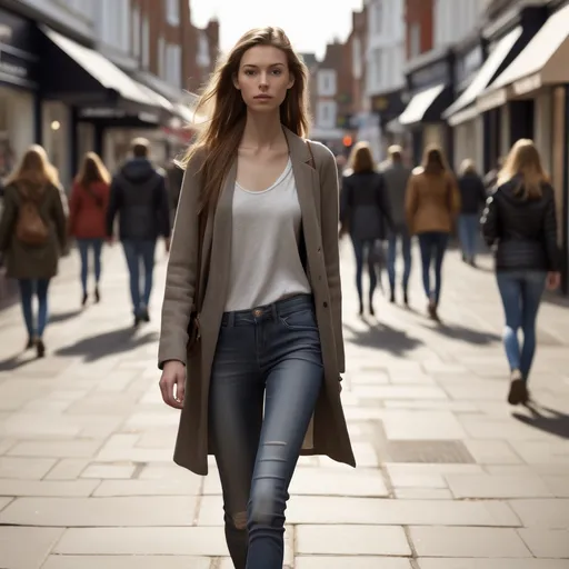 Prompt: Tall young woman walking down the high street, detailed clothing, realistic, natural lighting