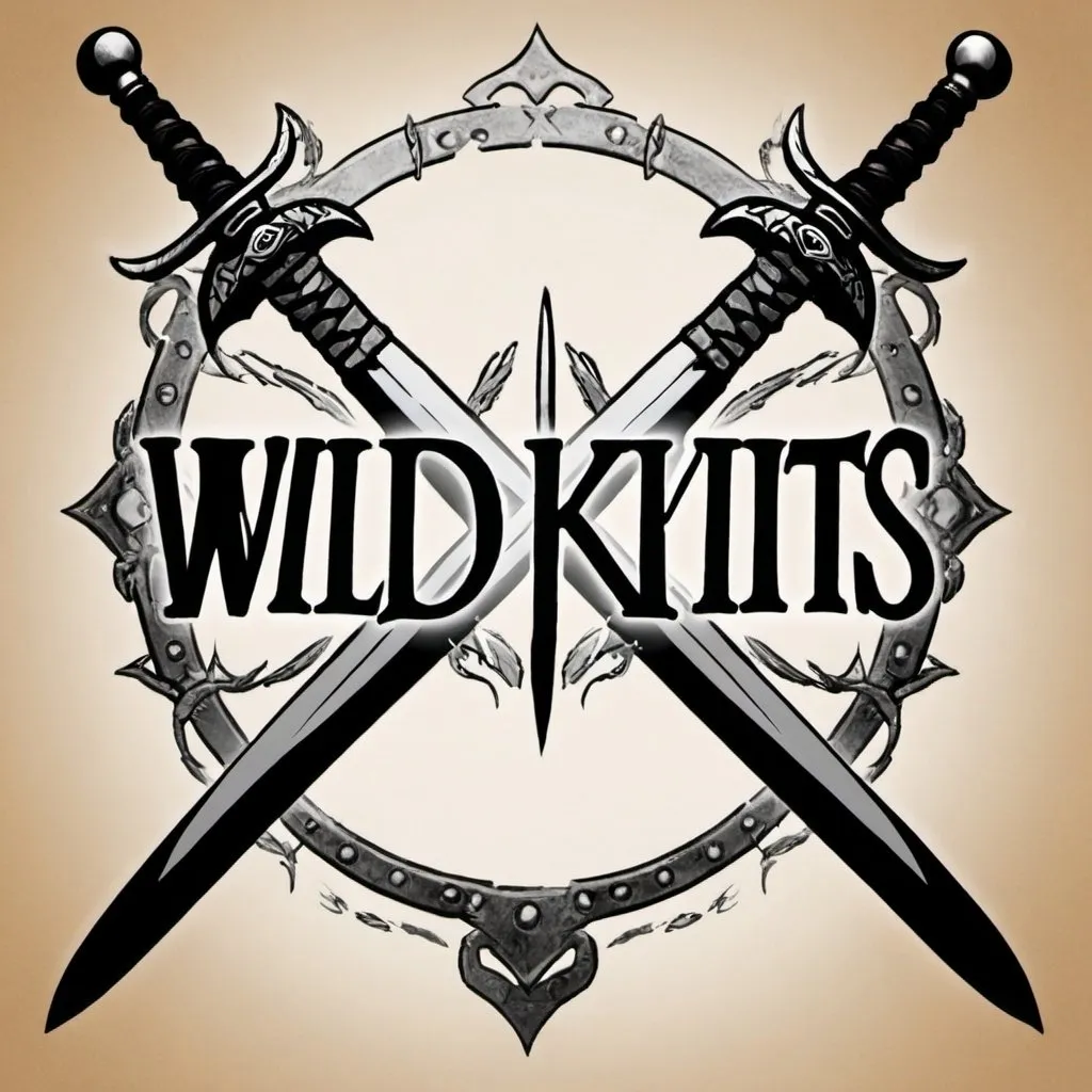 Prompt: The word Wildkits written in a warrior like text with swords around it.