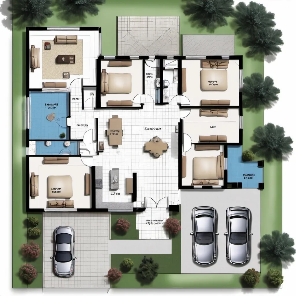 Prompt: Design a detailed and modern ground floor layout for a 500-square-yard home. The design should include 4 spacious bedrooms, each with an attached bathroom. Incorporate a large living room, dining area, kitchen with pantry, a powder room, and a separate drawing room. Ensure ample ventilation and natural light in all areas. Include modern architectural elements, open spaces, and efficient circulation. Allocate space for a garden or lawn, car parking for 2 vehicles, and a servant's quarter if possible. Prioritize functionality, aesthetics, and comfort while maintaining a contemporary look.



