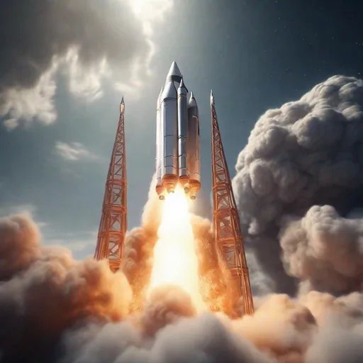 Prompt: Detailed 3D rendering of a sleek rocket launching into space, realistic metallic material, billowing smoke and flames, intense rocket exhaust, high quality, highres, ultra-detailed, sci-fi, realistic, space theme, dramatic lighting, futuristic, dynamic composition, atmospheric clouds and stars