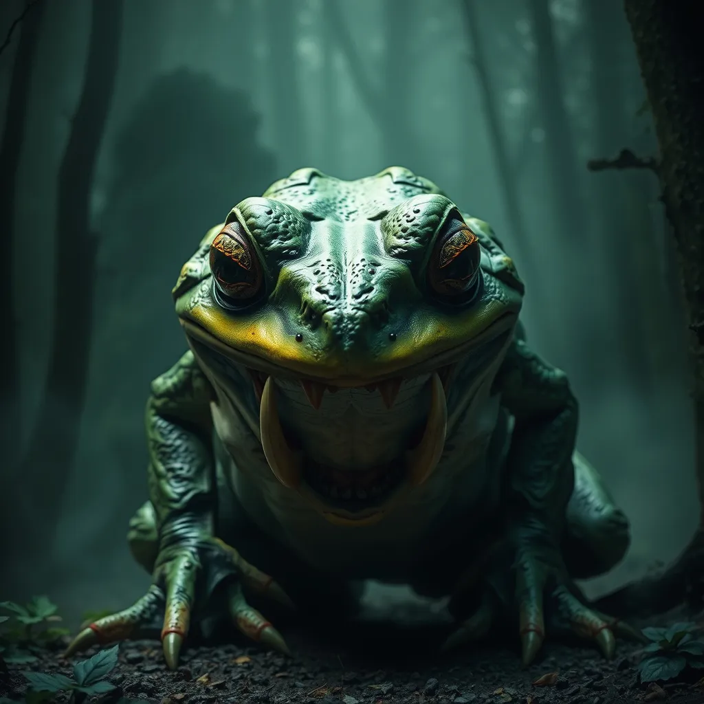 Prompt: Evil Giant Frog, (monstrous demeanor), exaggerated features, strikingly large with bulging eyes, slimy skin, and razor-sharp teeth, ominous forest background with eerie mist, (dark, moody atmosphere), rich greens and deep shadows, high contrast lighting highlighting its menacing figure, (ultra-detailed), cinematic, high-quality imagery that creates a visually gripping experience.