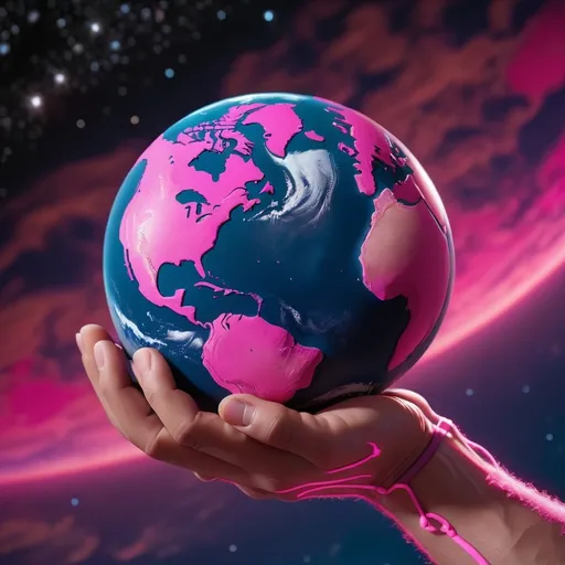 Prompt: The planet earth can be seen from space.  There seems to be a male human hand grabbing the earth like a baseball.  The stars are in the background, where there is a purplish to neon pink tone.  