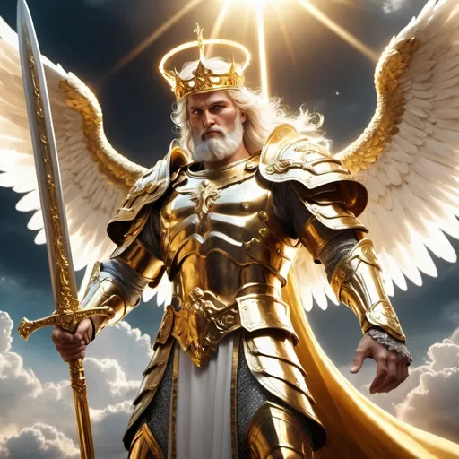 Prompt: A holy archangel that looks young, but has a white beard, has electrum battle armor on, is wielding a golden sword, and has a golden crown on his head.