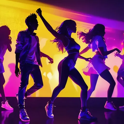 Prompt: (vibrant dance scene), young people dancing sexily, (dark club ambiance), pulsating purple to yellow lighting, people in trendy outfits with animated expressions, energetic atmosphere, mood of excitement and freedom, silhouettes contrasted against colorful lights, high quality, ultra-detailed, inviting and lively environment.