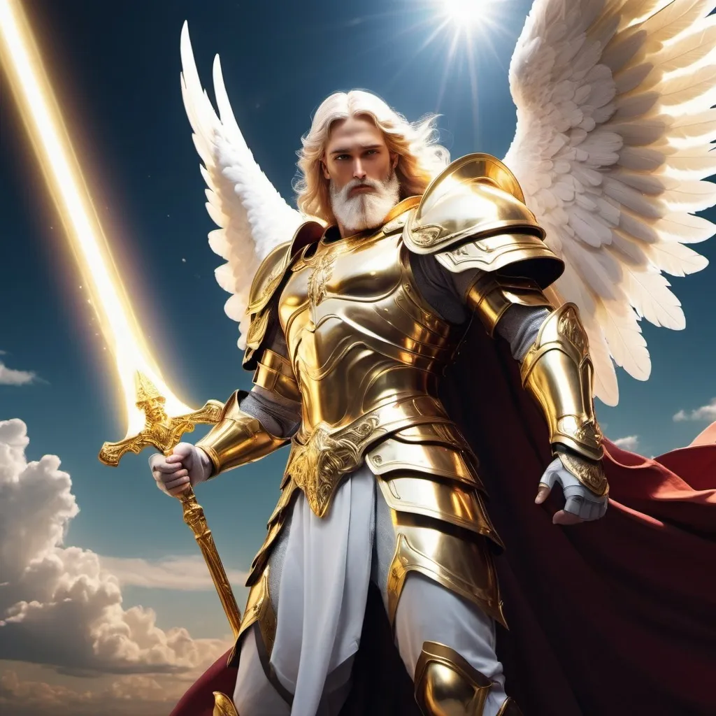 Prompt: A holy archangel that looks young, but has a white beard, has electrum battle armor on and is wielding a golden sword.