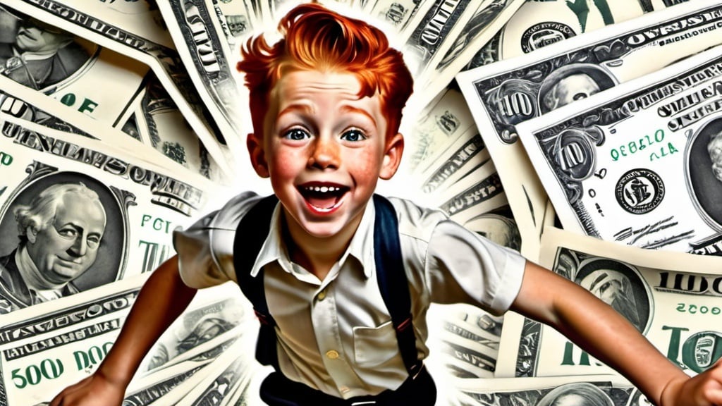 Prompt: red-haired  boy running, smiling, excited, extending hand full of 100 dollar bills, Norman Rockwell style, 1950s, highly detailed, oil painting, masterpiece, Ultra HD, hyper realistic, retro font caption shut up & take my money, intense expression, detailed hair, realistic lighting