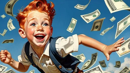 Prompt: red-haired  boy running, smiling, excited, extending hand full of 100 dollar bills, Norman Rockwell style, 1950s, highly detailed, oil painting, masterpiece, Ultra HD, hyper realistic, retro font caption shut up & take my money, intense expression, detailed hair, realistic lighting