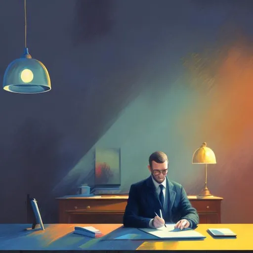 Prompt: Petr Kubasek is preparing important document behind huge black office desk. Background is taken from impressionism and foreground is guy in pastel colors and blue woolen suit. digital art