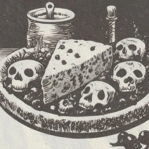 Prompt: medieval style art of a cheese board decorated with blueberries and animal skulls 
