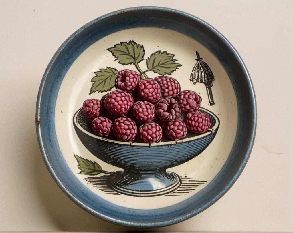 Prompt: medieval style raspberries in a blue bowl with cheese board to the right side 