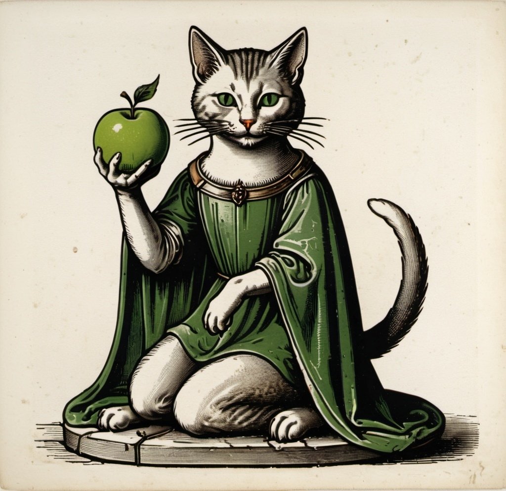 Prompt: medieval style cat with green apple 