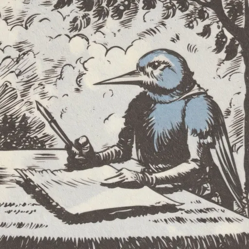 Prompt: Medieval-style drawing of a blue bird writing a letter, fluffy clouds in the background, detailed feathers and intricate lettering, parchment texture, high quality, detailed, medieval, birds, calligraphy, fluffy clouds, vintage, parchment texture, atmospheric lighting