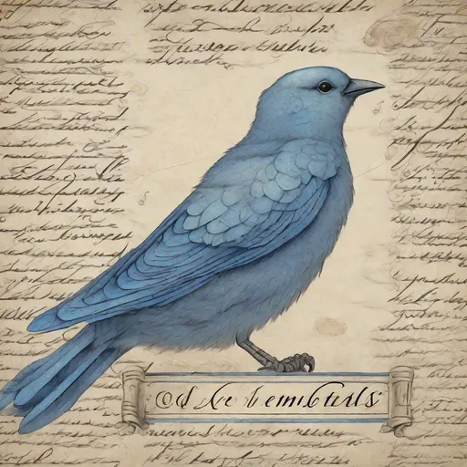 Prompt: Medieval-style drawing of a blue bird writing a letter, fluffy clouds in the background, detailed feathers and intricate lettering, parchment texture, high quality, detailed, medieval, birds, calligraphy, fluffy clouds, vintage, parchment texture, atmospheric lighting