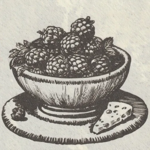 Prompt: medieval style raspberries in a blue bowl with cheese board 