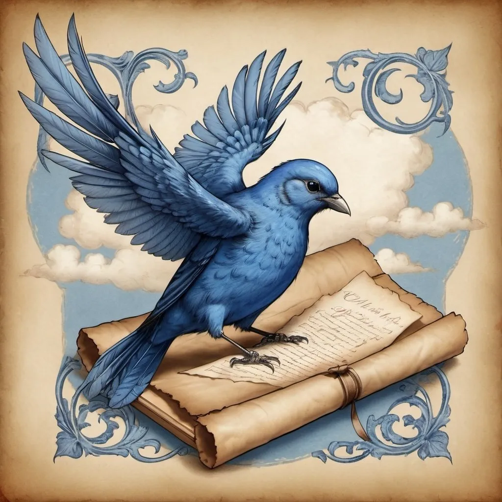 Prompt: Medieval-style drawing of a blue bird writing a letter, fluffy clouds in the background, detailed feathers and intricate lettering, parchment texture, high quality, detailed, medieval, birds, calligraphy, fluffy clouds, vintage, parchment texture, atmospheric lighting