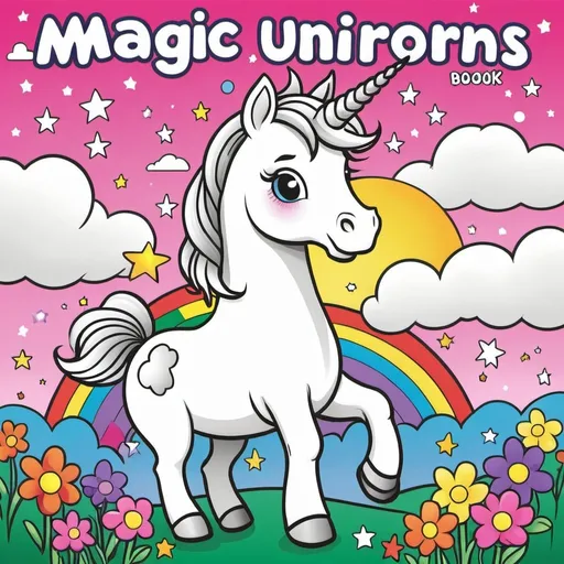 Prompt: Create a coloring book cover for children aged 3-7 featuring a cartoon unicorn  titled "Magic unicorns coloring book". The title should be on the cover. The style should be simple, cute, and appealing to young children.