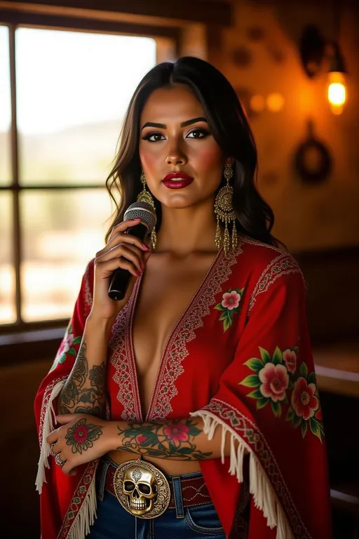 Prompt: A striking image of @dn9NIzrRrqfsoislIeJ4, passionately singing into a microphone. She stands center stage, her vibrant tattoos glistening under the bright spotlight, which casts dramatic shadows across her figure. The microphone is held firmly in her right hand, while her left hand gestures expressively, emphasizing the emotion of the song. The background is filled with a blurred audience, their faces illuminated by colorful stage lights, creating a lively atmosphere. The scene captures the energy of a live performance, with confetti drifting through the air and a sense of excitement palpable in the environment.