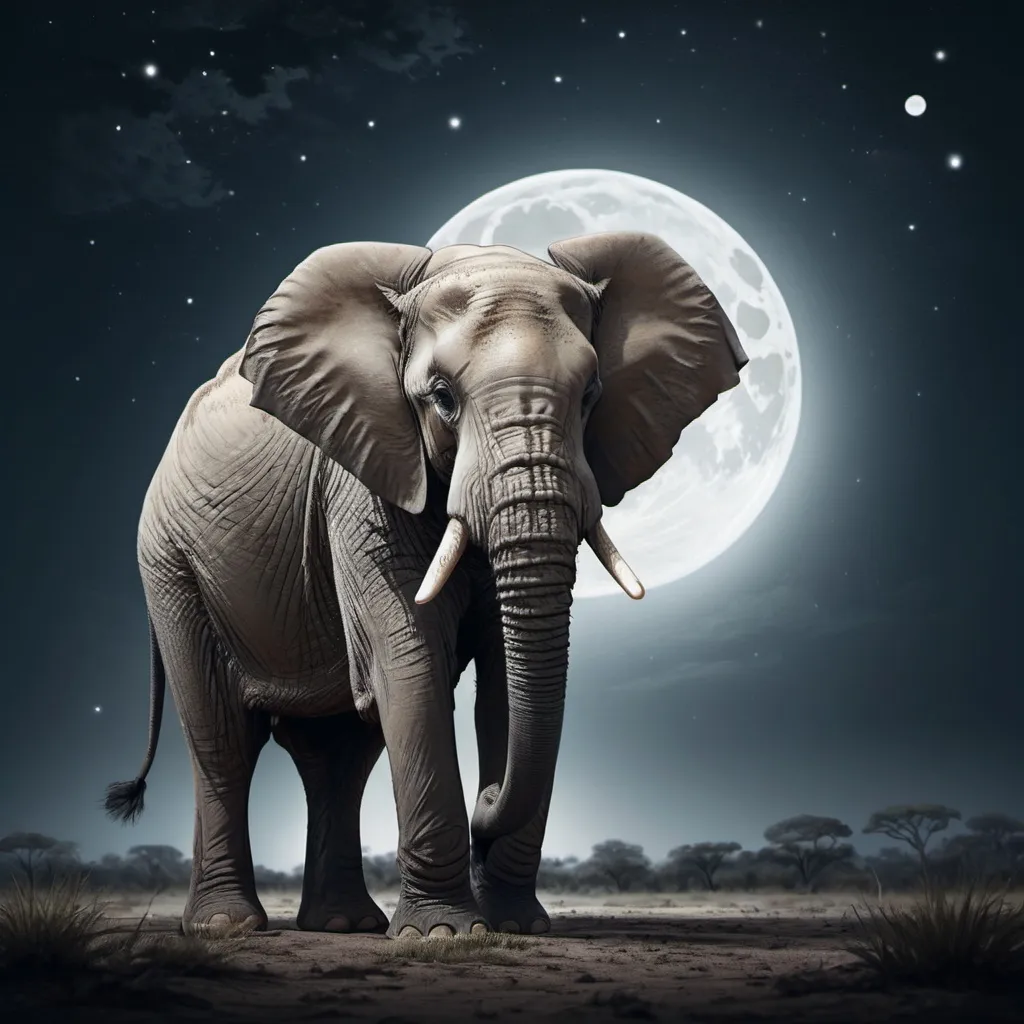 Prompt: High resolution night illustration of an elephant, trunk facing upwards when sideways, realistic, cool tones, detailed wrinkles, serene atmosphere, peaceful scene, full moon, detailed, atmospheric lighting, professional, highres, cool tones