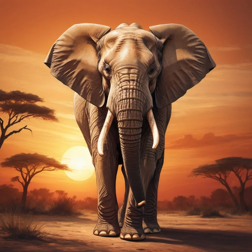 Prompt: High resolution sunset illustration of an elephant with trunk raised, warm tones, detailed wrinkles, serene atmosphere, realistic, sunset, elephant, detailed wrinkles, peaceful scene, professional, atmospheric lighting