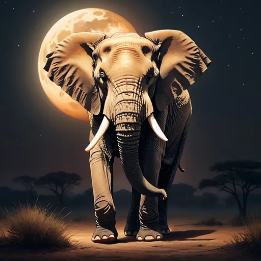 Prompt: High resolution night  illustration of an elephant with trunk facing downwards, realistic, warm tones, detailed wrinkles, serene atmosphere, peaceful scene, sunset, detailed wrinkles, atmospheric lighting, professional, highres, warm tones, detailed, realistic,full moon 