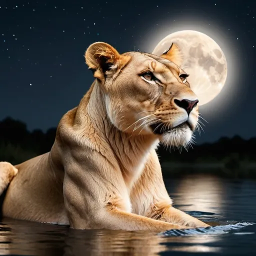 Prompt: Lioness,far, in a lake, night, full moon,very details, high resolution,lioness skin, animal, strong, muscles,stars in the sky