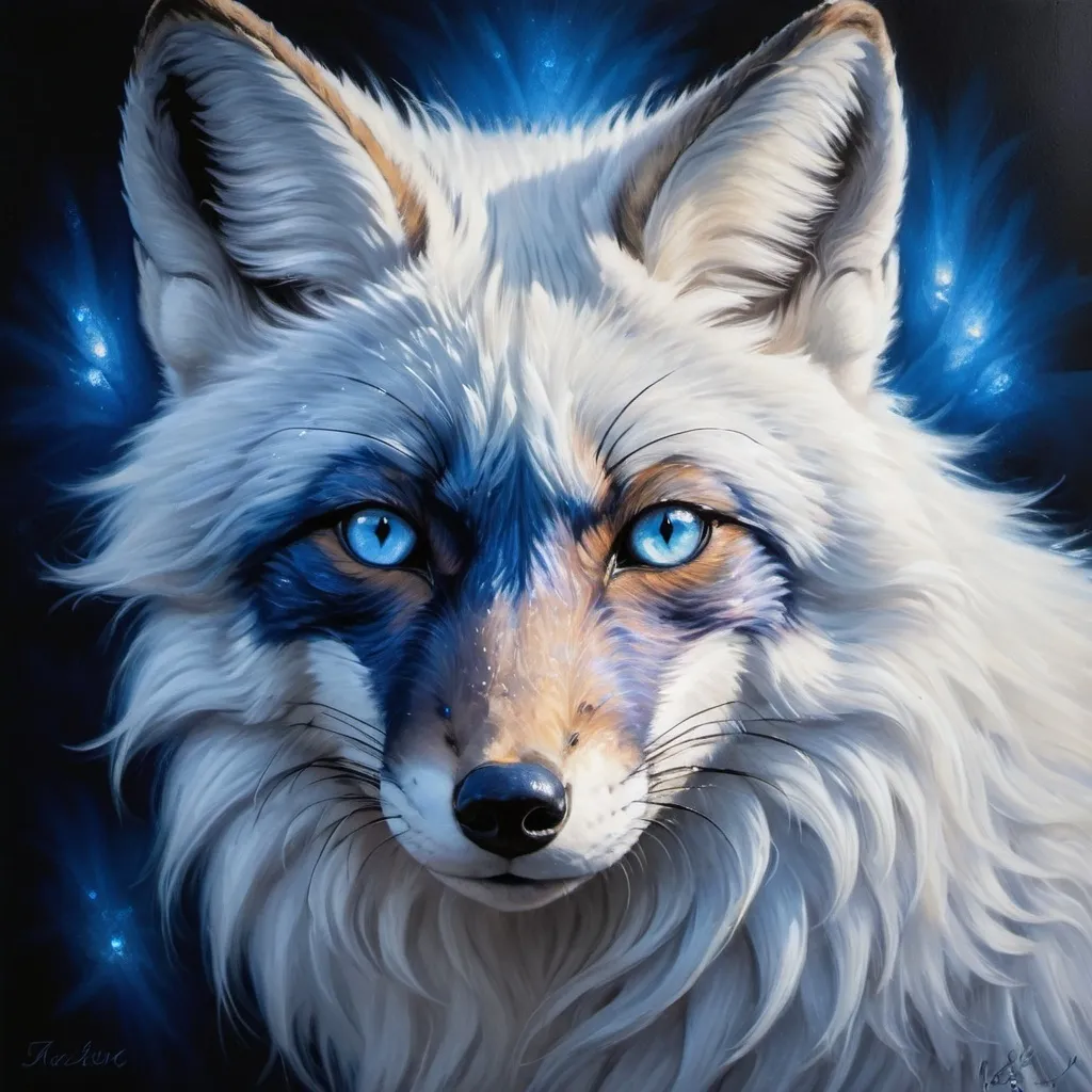 Prompt: Beautiful oil portrait of a majestic elder blue fox, glistening blue fur, sapphire blue eyes glowing, feral vixen kitsune, sparkling frosted fur, fine oil painting, high quality, detailed, majestic, feral, sparkling fur, elder, sapphire glow, blue tones, professional lighting