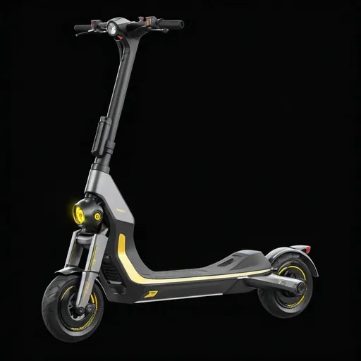 Prompt: Electric scooter with hydraulic disc brakes and hydraulic suspension dampers, with two white led front lights and yellow indicators on both sides placed on deck, slick wide tires, is shown in a black background with a black background and a black background with a black background, Cui Bai, panfuturism, product photo, a digital rendering