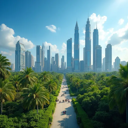 Prompt: A vibrant urban oasis unfolds as towering skyscrapers rise majestically against a clear blue sky, punctuated by wispy clouds. The foreground is a lush expanse of greenery, featuring a mix of tropical palms and dense foliage that seamlessly blends nature with the architectural marvels behind. Wide avenues wind through the park-like setting, populated by small groups of pedestrians, hinting at a bustling city life. The sunlight bathes the scene in a warm glow, enhancing the sleek lines of the buildings and the vibrant greens of the trees, creating a captivating contrast between the urban environment and the serene nature. This panorama conveys a harmonious blend of modernity and tranquility, embodying the essence of contemporary city living.