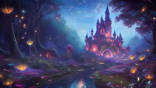 Prompt: Enchanting landscape with magical elements, vibrant colors and dreamy atmosphere, fireflies illuminating the scene, fantasy realm with ethereal glow, whimsical fairy tale setting, high quality, surreal, vibrant colors, glowing fireflies, magical, dreamy atmosphere, fantasy realm, whimsical, ethereal, enchanting landscape, fairy tale