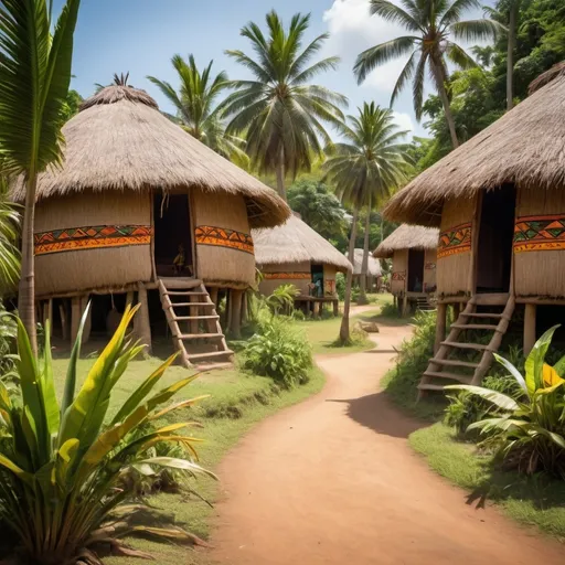 Prompt: “A vibrant African village set in a lush, tropical environment. The village consists of traditional round huts with thatched roofs, made from natural materials. Tall palm trees and dense greenery surround the huts, creating a serene atmosphere. Villagers in traditional colorful clothing are seen interacting, performing daily activities in the communal area. The scene is lively, with warm, natural lighting and rich colors that emphasize the beauty and harmony of the environment."
