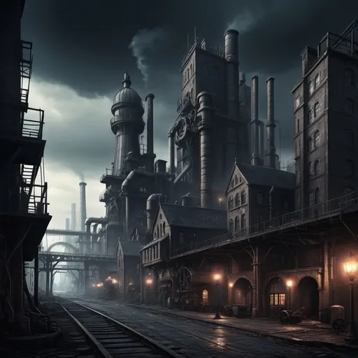 Prompt: industrial revolution era city Dark fantasy style